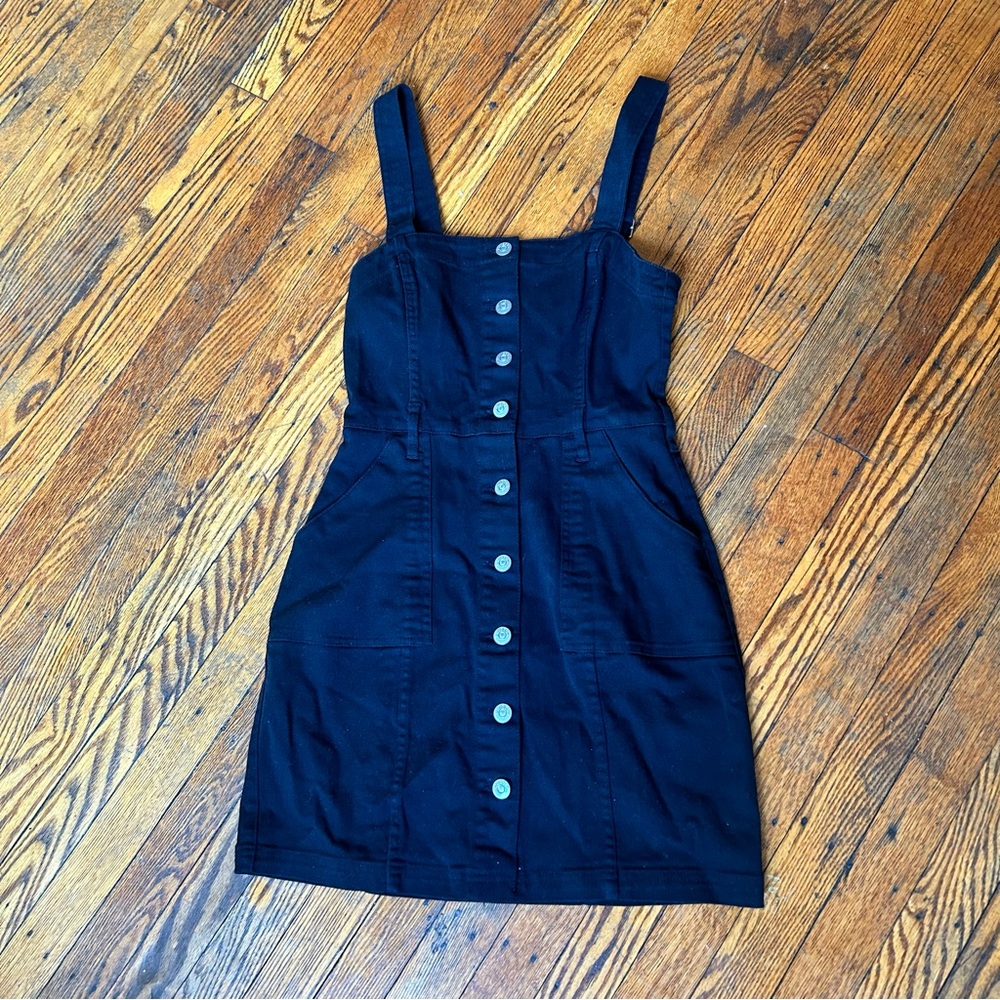 H&M Black Button-Down Denim Overalls Dress